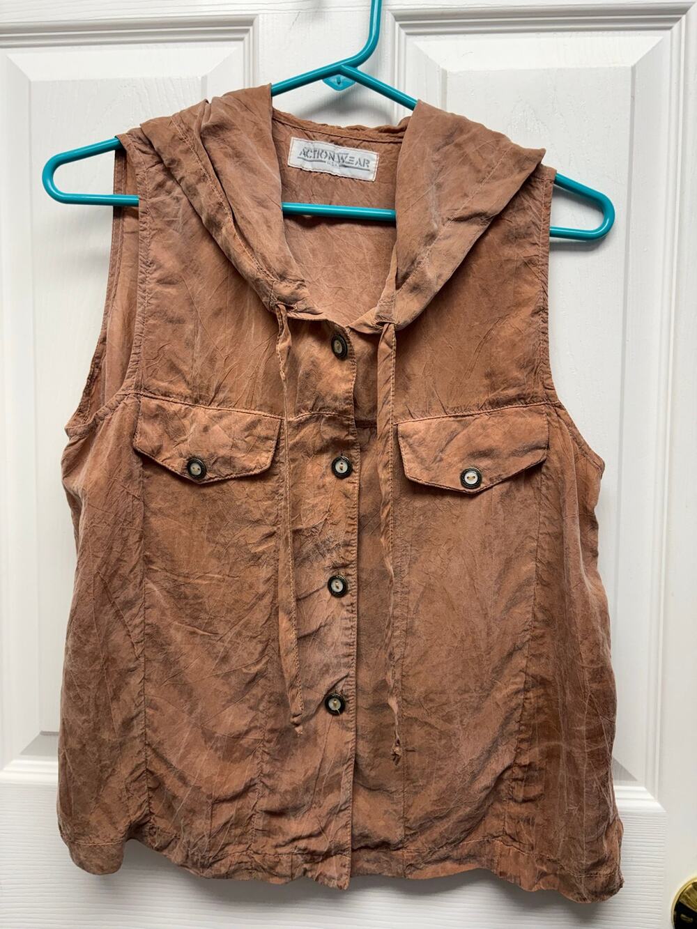 Action Wear USA Vintage Sleeveless Hoodie Vest Sueded Rayon Brown Utility Size L